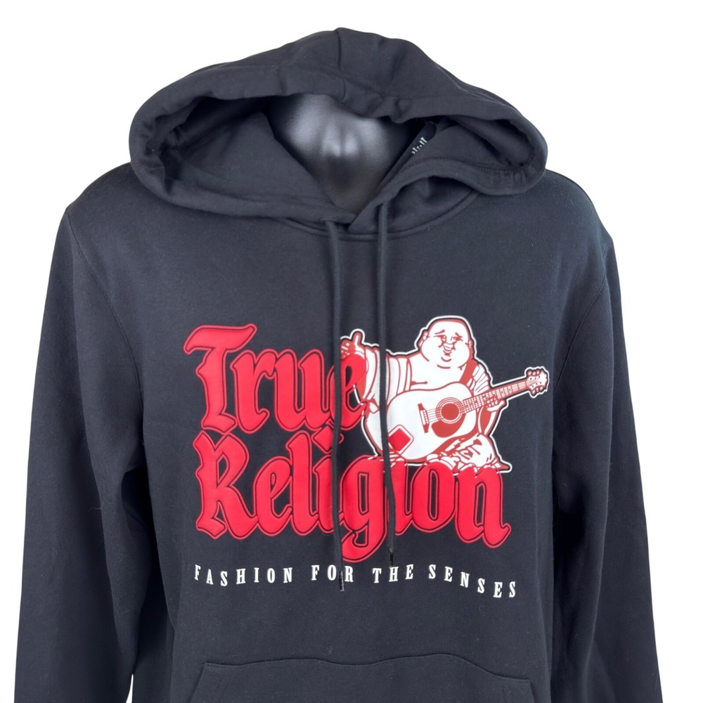 True Religion Mens Jet Black Buddha Guitar Logo Hoodie 700792 Large New $119